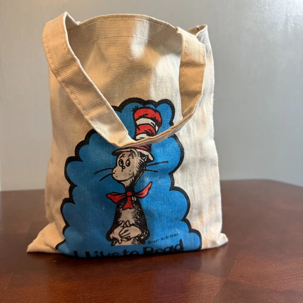 Vintage 1980s Dr. Seuss canvas Tote Bag ‎ I Like to Read Cat in the Hat Taiwan